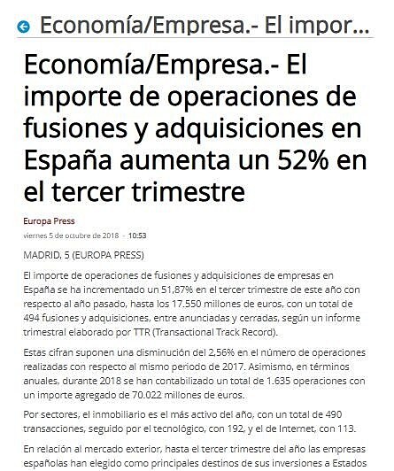 El importe de operaciones de fusiones y adquisiciones en Espaa aumenta un 52% en el tercer trimestre